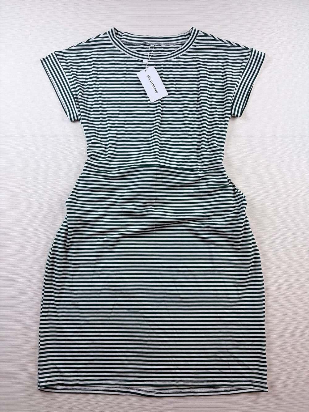 Ann Darling Striped Dress Size L Green White Short Sleeve T-Shirt Dress